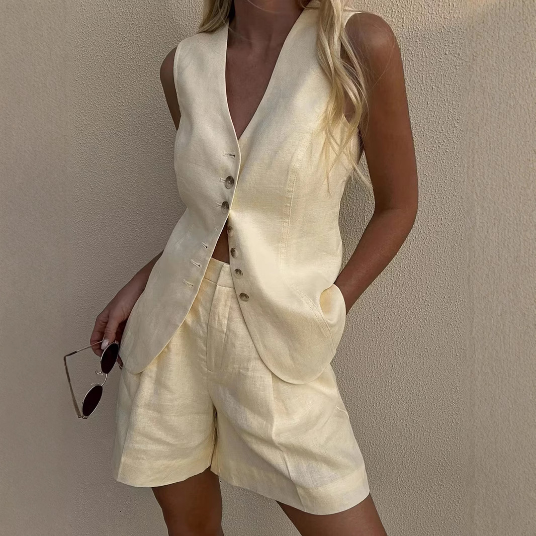 Summer Linen Clothing For Women - Wolfeel-Conjunto de chaleco y pantalones cortos