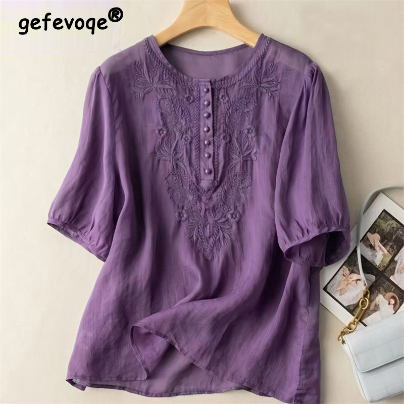 Summer Linen Clothing For Women - Blusa de lino y algodón bordada
